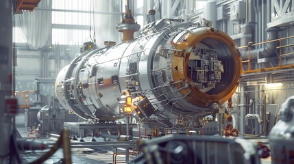 Poster - Construction of a satellite in an aeronautical technology manufacturing facility, for the use of space exploration, navigation, communications, internet telecommunications, and observation.