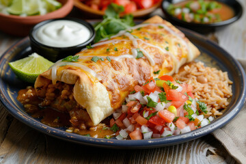 Poster - Cheesy Burrito Plate with Mexican Rice, Pico de Gallo, and Sour Cream