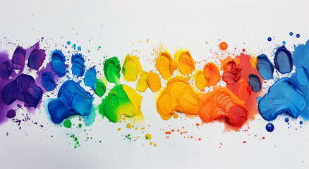 Wall Mural - A colorful paw print is painted on a white background, creating a rainbow effect. The paw prints are of different colors. puppy paw prints of rainbow paint on a white canvas