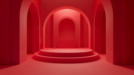 Poster - For luxury presentation, you have an abstract red studio room. It's empty with a floor and wall, and its geometric round interior design template is suitable for showcase events. It has a realistic