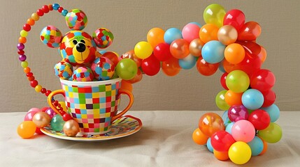 Poster -   A dog-shaped balloon sits atop a cup, with a saucer positioned in front
