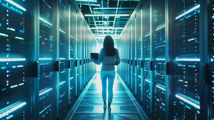 Poster - A successful female data center IT specialist using tablet computers and augmented VFX on cloud computing servers. A system engineer working for a cyber data security company.