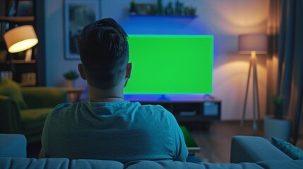 Poster - Watching a mock-up green screen TV display while seated on a couch at home. Man and woman watching a movie side by side. Modern online entertainment concept.