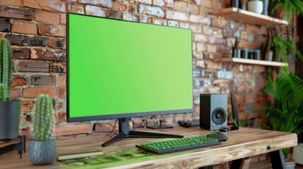 Poster - An HD computer monitor with a mock up green screen, positioned on a wooden desk, with height adjustable function. Displays at Home in Modern Living Rooms or Creative Loft Offices.