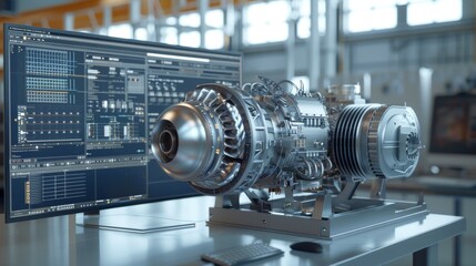 Poster - Mockup of a 3D model of an industrial sustainable green energy turbine engine. Modified design of a motor prototype. VFX template on PC screens and laptop screens. 3D rendering.