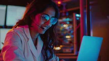 Poster - a young indian woman wearing a lab coat and using a laptop computer is pictured smiling. a professio