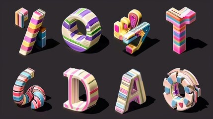 Leinwandbilder - The 3D isometric font modern illustration has a shadow of colored stripes and capital letters in black colors for a retro design.