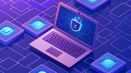 Poster - Personal data protection concept, security guarantee isometric modern. Login and password frame on blue honeycomb background with open laptop screen.