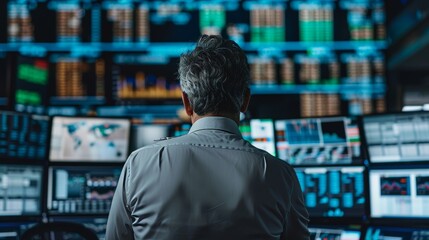 Poster - This view shows the back of a middle-aged man working on the floor in a modern stock exchange firm. State of the Art Monitoring Companies and Funds, Securities, Derivatives, Investments Presented on