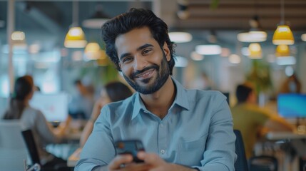 Poster - this is a portrait of a handsome, happy, smiley indian manager who is using his smartphone in a busy
