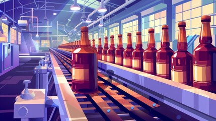 Aufkleber - Illustration of alcohol glass bottles on conveyor belt, cartoon modern illustration. Production line in factory with moving production bottles on top, manufacture background.