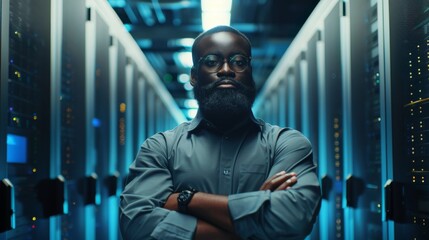 Poster - An IT engineer with a beard standing in the middle of a working server room with servers on a rack.