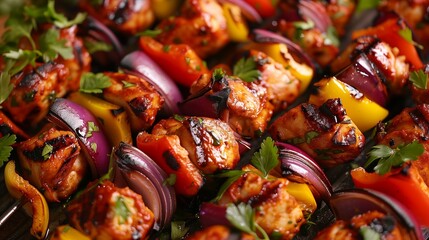 Wall Mural - Appetizing scene captures juicy grilled chicken kebabs adorned with a medley of fresh vegetables.
