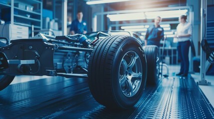 Poster - Working on Electric Car Chassis Prototype in Innovation Laboratory Facility Concept Vehicle Frame Includes Wheels, Suspension, Engine, and Battery.