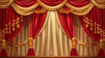 Poster - A stage with red and gold curtains and spotlight. Modern realistic illustration of a velvet drape with golden tassels and a scene with a spotlight.