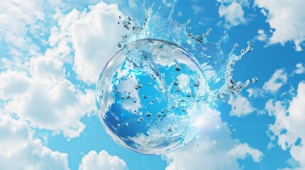 Poster - An aqua splashing ball on a blue sky background with white clouds. This is a concept of protecting the environment through saving the planet's aqua resources. 3D illustration of an aqua splashing