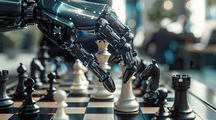 Poster - Artificial Intelligence Operates a Futuristic Robotic Arm in a Chess Game. Robot Moves a Knight. Modern High Tech Research Facility.