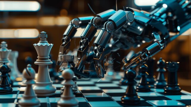 The chessboard is flanked by a futuristic robot arm and in the foreground is a robot moving a knight. The foreground is a high-tech modern research laboratory.