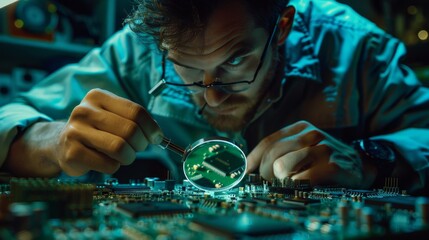 Poster - An Electronics Maintenance Engineer solders a motherboard, a microchip, and circuit board while looking through a magnifying glass and consulting a computer.