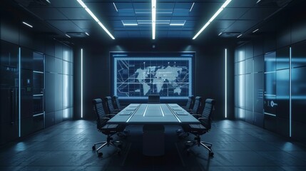 Poster - Picture of Empty Conference Room with Table for Discussing Business Opportunities and Vertical Digital Whiteboard Showing Growth Strategy.