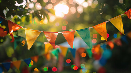 colorful pennant string decoration with a green tree
