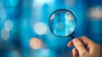 Hand holding magnifying glass on a blurred blue background