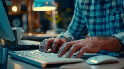 Poster - A close-up shot of a man typing on a keyboard using a mouse. A businessman or office clerk is working on a desktop computer in a bright office environment.