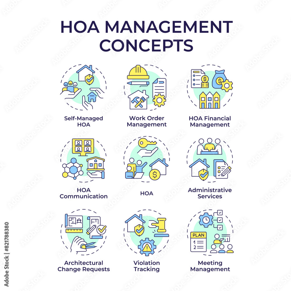 HOA management multi color concept icons. Administrative services ...