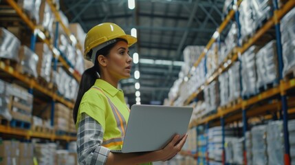 Poster - In the retail warehouse full of shelves with goods, a professional female worker wears a hard hat and holds a laptop computer. Main view across the back of the worker is a screen that shows inventory