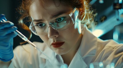 Poster - An innovative, experimental drug researcher uses a micropipette while examining a testing sample. Innovative, experimental drugs are being researched and biotechnology is being developed in high-tech