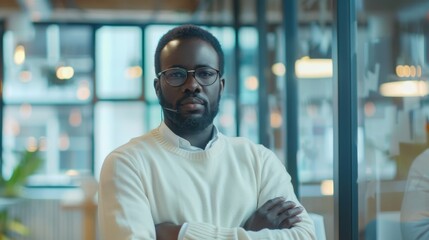 Poster - Black African American man standing in a meeting room, behind glass walls, using a laptop computer. Wearing a white jumper, he is making a video call.