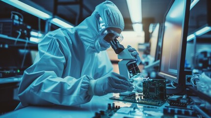 Poster - An engineer scientist uses a microscope in a clean room to inspect a microprocessor component on a motherboard. The engineer is developing high-tech modern electronics in a modern factory.