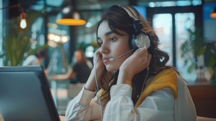 Poster - In a busy creative office environment, a young Latin project manager puts on headphones and works on her laptop computer. A beautiful multiethnic female specialist is writing a business strategy.