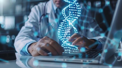 Poster - medical laboratory: male scientist typing on keyboard while working on computer. advanced scientific