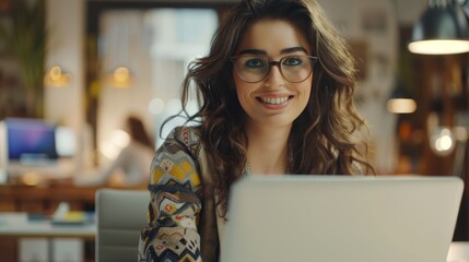 Poster - Beautiful young Latina Marketing Specialist Hesitating and Thinking Before Answering an Email to a Colleague. She Wears Glasses and Works at a Laptop Computer in a Busy Creative Office.