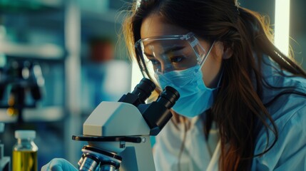 Poster - Female scientist wearing a mask using a microscope to analyze test samples. Advanced Scientific Laboratory for Medicine and Microbiology Development.