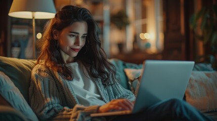 Poster - The beautiful authentic Latina woman in the picture is making a video call on a laptop computer at home. She is chatting with colleagues and friends over the internet on the social network.