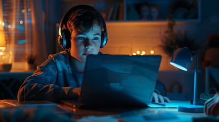 Poster - Young Smart Boy Attends Online Class, Chats with Friends, Studying School Homework in Cozy Dark Room at Home. Happy Teenager Attending Online Class, Chatting with Friends, Studying School Homework at