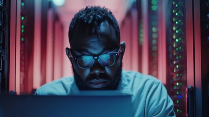 Poster - An African-American male Data Center Engineer uses a laptop computer in a server farm cloud computing specialist facility. The administrator is working with a data protection network for cyber