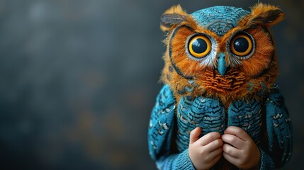 Poster -   A photo of a person cradling a stuffed owl in their arms