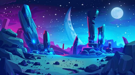 Sticker - A landscape of an alien planet with rocks and futuristic building ruins with glowing blue cracks. Modern cartoon fantasy illustration for gui games with stars, moon and planet surface.