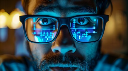 Poster - Photograph of a male startup digital entrepreneur working on a computer, looking at a camera line of code reflection in sunglasses. Developer working on an innovative e-commerce app using big data.