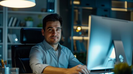 Canvas Print - A successful Latin IT Software Engineer working on a laptop at his desk, smiling and looking into the camera. Portrait view of a modern office businessman working on a computer.