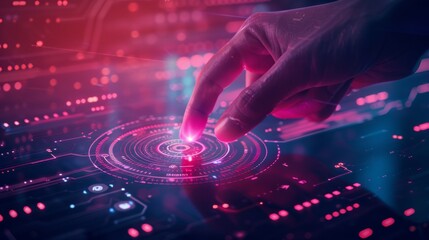 Poster - The concept of digitalization employs the use of human fingers to push the touchscreen panel. This can be a template for a futuristic artificial intelligence interface or a visualization of machine
