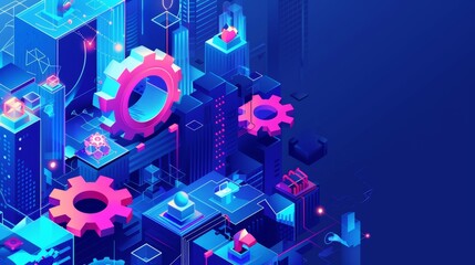 Poster - ERPS, Enterprise Resource Planning isometric landing page. Business integration, strategy, productivity icons on 3d cogwheel or gear banners.