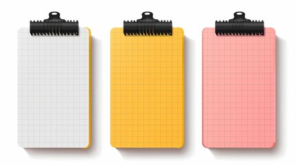 Poster - Modern mockup of notepads with spiral wire binders and line pattern isolated on white background. Modern realistic mockup of notepads with yellow paper in lines, dots, and square grid.