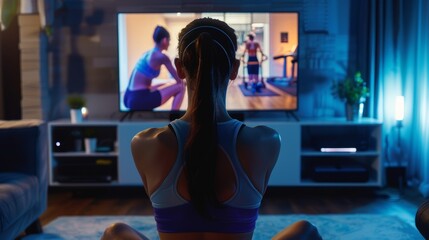 Streaming service fitness subscription for virtual training. An active girl workouts while watching videos of her personal trainer while training at home.