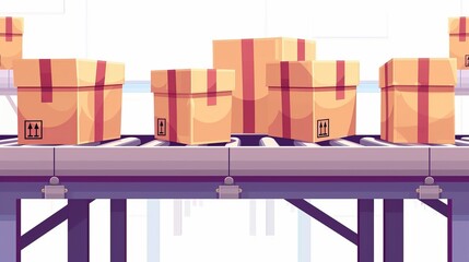 Aufkleber - Cartoon modern illustration of a conveyor belt with boxes isolated on a white background, used in factories, warehouses, or post offices. A conveyor belt with goods or products packaged is isolated