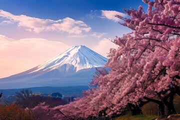 a Panorama view of Mountain fuji in Japan during cherry blossom spring season