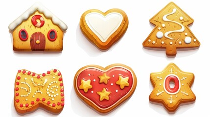 Wall Mural - Traditional Xmas pastry in the shape of a house, tree, heart and star. Modern cartoon set of gingerbread biscuits with sugar icing.